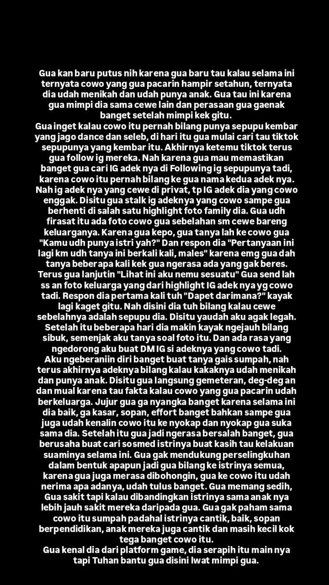 MichelleWi2gw's tweet photo. Hampir setahun pacaran Plot twist nya dia udah nikah and punya anak, tega banget. Bayangin kalian tbtb tau fakta itu dan liat foto nikahan mrka, liat foto keluarga kecil mrka. Jujur nyesek banget krn cwo itu buat gua jd selingkuhan. Gua sakit hati, benci tp gua inget istrinya baik bgt dan gua mikir yg gua rasain ga sebanding lah sm apa yg dirasain sm istrinya apalagi anak mreka cewe.