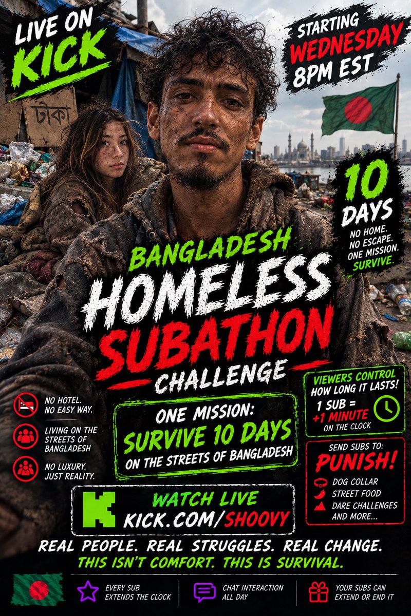 shoovy1x's tweet photo. Going homeless in Bangladesh 8pm est Wednesday https://t.co/47rOIgcUQ7 don’t miss out https://t.co/DcI1osbybQ
