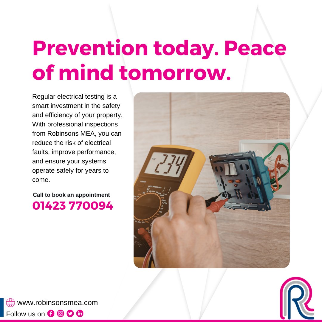 robinsons_mea's tweet photo. ⚡ Protect your property with proactive #electrical testing. 🔧

Routine electrical inspections help identify potential issues before they become costly repairs or safety hazards.

🌐Visit: https://t.co/vcLLk1Oi0W
📞Call to book an appointment: 01423 770094

#yorkshire https://t.co/nYEm1VnfRb