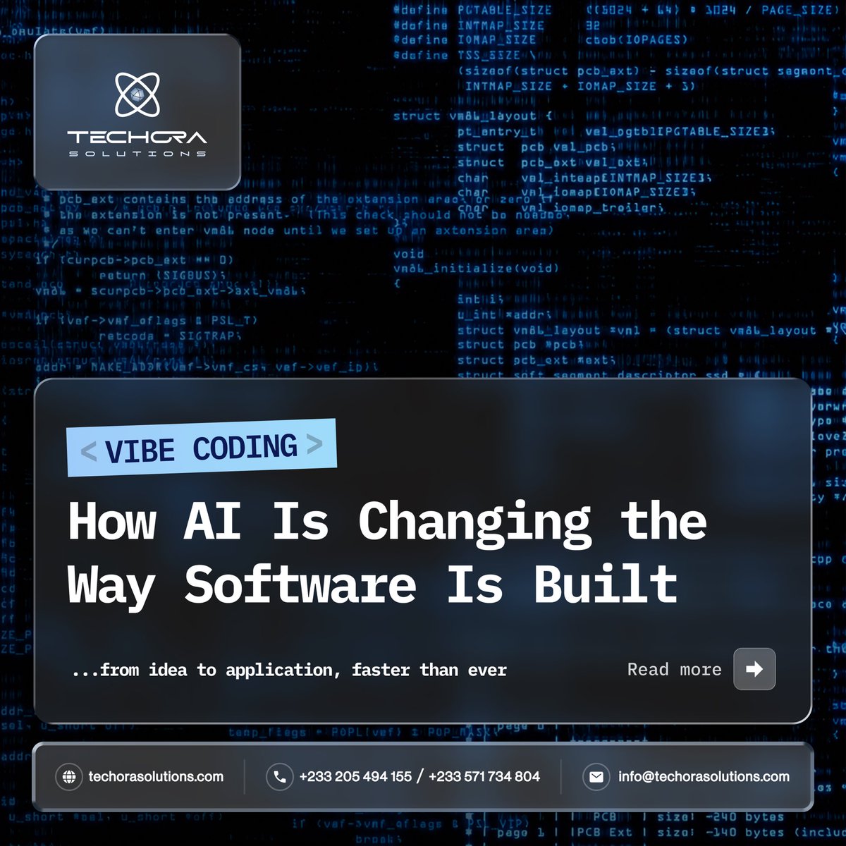 Techora_soln's tweet photo. Coding is evolving. With Vibe Coding, developers use AI tools to describe ideas, and accelerate software development. 
Swipe through to learn how AI is transforming the future of coding.

#VibeCoding #ArtificialIntelligence 
#AIDevelopment  #TechoraSolutions https://t.co/Hf7qHlNYdu