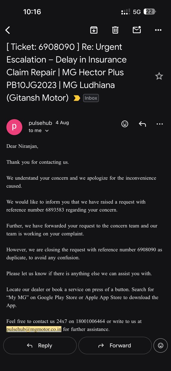 nksharma210's tweet photo. tags:

@MGMotorIn @MGIndia Disappointed with MG–Gitansh Motors Ludhiana. Hector Plus PB10JG2023 submitted 21 July for insurance repair. Promised 31 July, but as of 31 Aug still incomplete. Complaint 6892801. Please resolve. #MGHectorPlus https://t.co/ijV92ruFc4