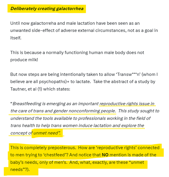 Psychgirl211's tweet photo. Male chestfeeding is oral baby-rape

The 'chestfeeding father' is a psychopath:

'A psychopath is someone who shows a persistent pattern of very low empathy and remorse, shallow emotions, manipulation and deceit, often combined with a willingness to exploit others for personal gain.'

And, the  "unmet need (s)" of the 'chestfeeding father' are:

1.   Sexual gratification.
2.  Exerting psychological dominance and control over his partner and family.
3.  Violating boundaries and social norms.

If male chestfeeding is not currently unlawful (who would have thought such a law would be needed?), then legislation needs to be urgently enacted to protect children from this novel form of sexual abuse.