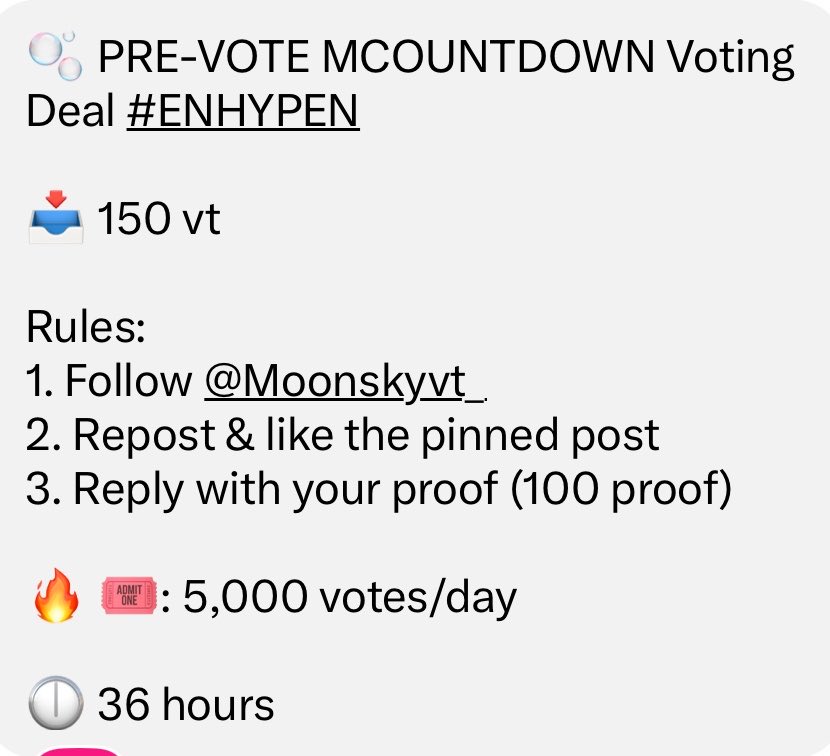 daisiesjjong_'s tweet photo. 🫧 PRE-VOTE MCOUNTDOWN Voting Deal #ENHYPEN

​📥 150 vt

​Rules:
1. ​Follow @Moonskyvt_ 
2. ​Repost &amp; like the pinned post
3. ​Reply with your proof (100 proof)

​🔥 🎟: 5,000 votes/day

🕕 36 hours https://t.co/sn31Lu5vGV
