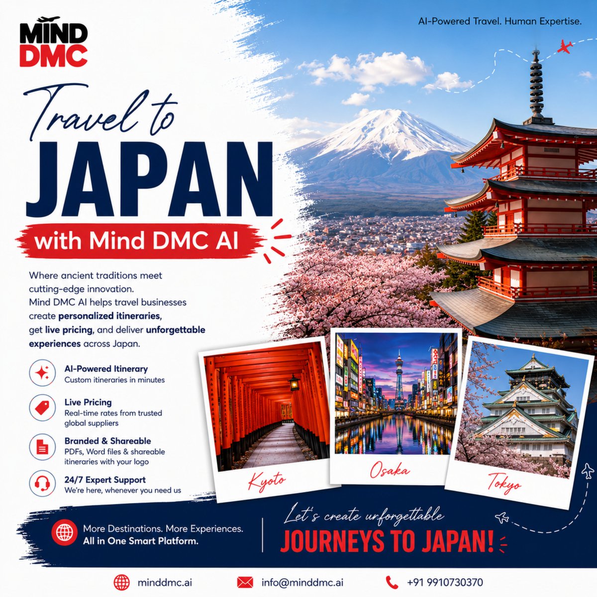 MindD3310's tweet photo. 🇯🇵 Japan, your client’s way.

Create personalized itineraries, get live pricing &amp; share branded proposals with Mind DMC AI.

Less planning. More selling. ✈️

🌐 https://t.co/G5xBMkm2Qy

#MindDMC #TravelTech #JapanTravel https://t.co/jVouMr0M1F