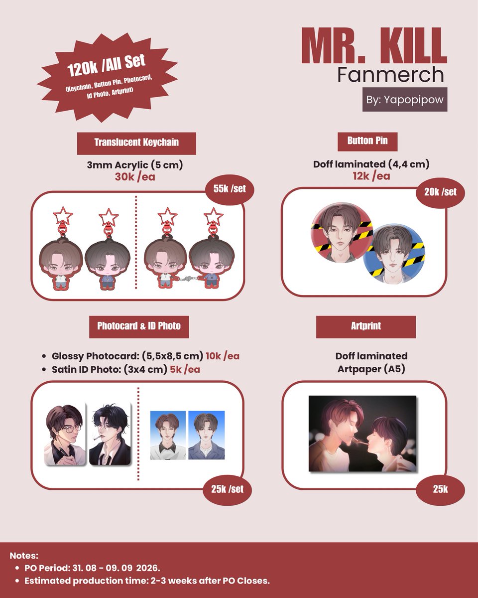 yapopipow's tweet photo. [Like &amp; RT are highly appreciated🫶✨]

OPEN PRE-ORDER 
FANART MERCH DEWTEE MR. KILL

🗓️Pre-order period: 31 Agustus - 09 September 2026

🕦 Estimasi waktu produksi 2-3 minggu setelah tanggal PO ditutup. 

Detail &amp; order form: https://t.co/HsfXh0jFHw

#DewTee #ดิวธี https://t.co/lEUuGlTIKA