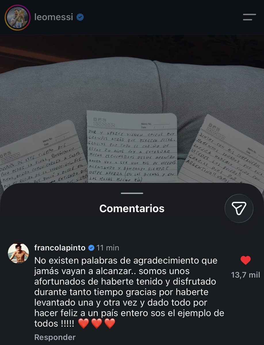 tina43arg's tweet photo. Franco comentó el último post de Messi en donde anuncia su retiro de la Selección Argentina 🫂🫶🏻🇦🇷 https://t.co/nL7jw0B4RX