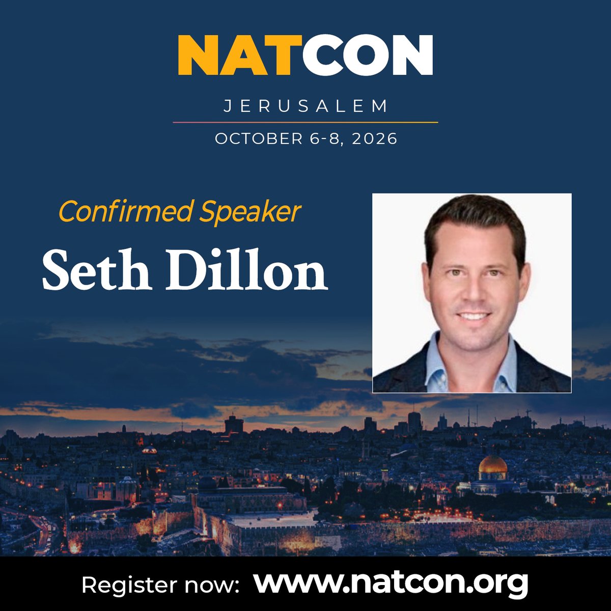 NatConTalk's tweet photo. Announcing: Seth Dillon (@SethDillon) will address NatCon Jerusalem on October 6-8.   

Information and registration here:

https://t.co/kh2CyKYKHT https://t.co/HPsDs7YLQW