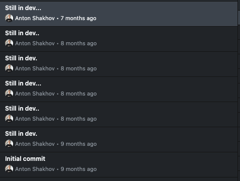 hakkazuu's tweet photo. unedited git log from my side project 🫠

the number of dots was the only changelog I shipped in 9 months

be honest, how bad is yours? https://t.co/SWsN7FmhSQ