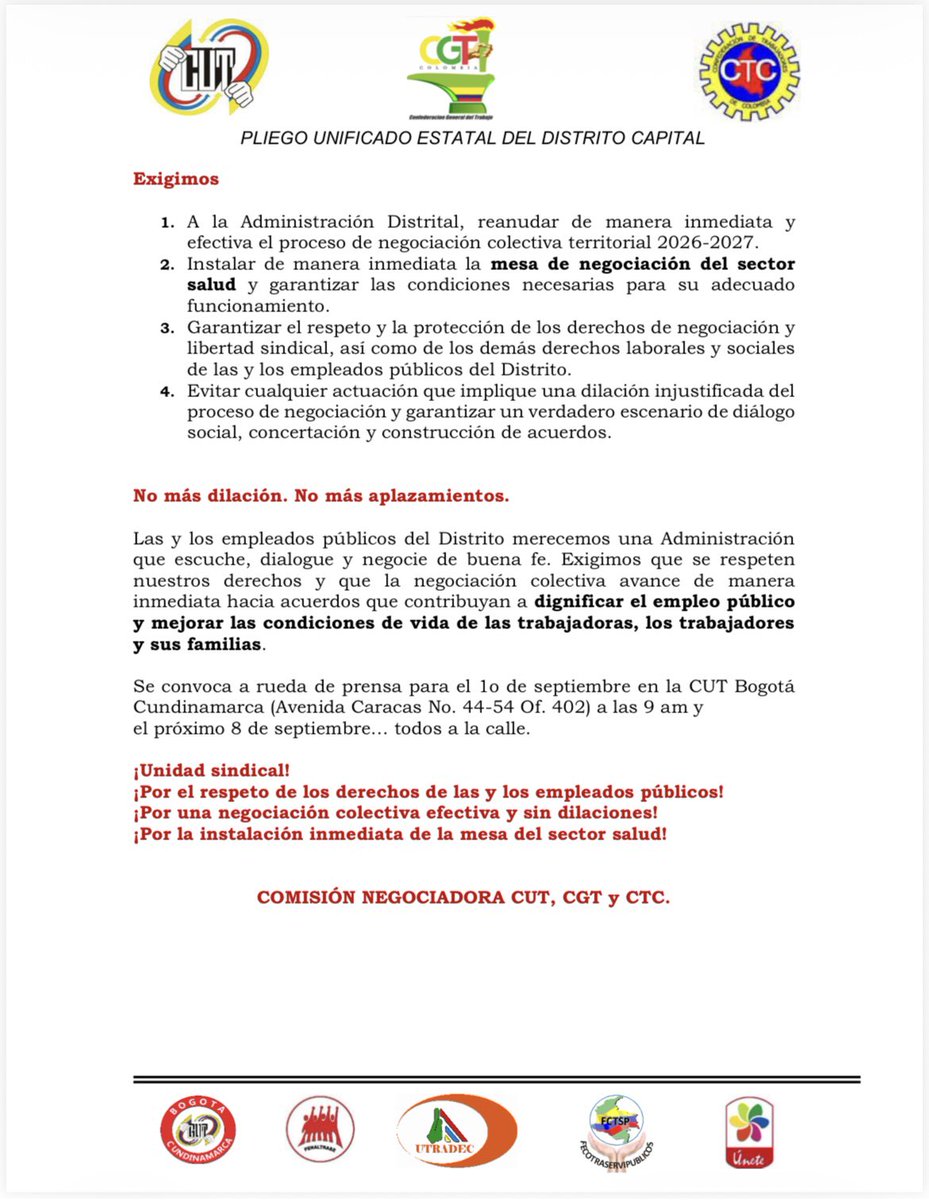 SUNETBogota's tweet photo. Comunicado de la Comisión Negociadora CUT-CGT-CTC, sus federaciones y UNETE

Rechazamos la actitud dilatoria de la Administración de @Bogota frente a la negociación colectiva distrital, vulnerando derechos fundamentales de empleados de la ciudad.

¡Exigimos reanudación inmediata! https://t.co/0RLf7UypbI