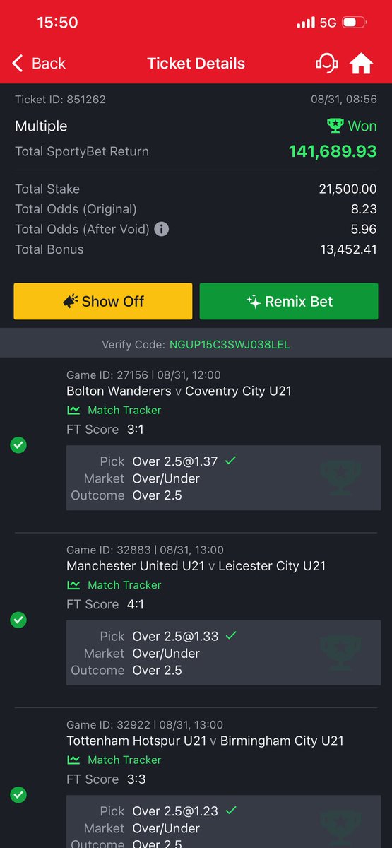 Ayozi11's tweet photo. 8 ODDS IS BOOM! 💥💥✅✅✅
But one game was postponed, so instead of ₦208K, they paid me ₦141K. 😭💔

Still, Alhamdulillah for the win! 🙏💯 https://t.co/uG8vCIXb1e
