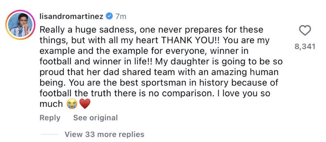 UTDKobi's tweet photo. Lisandro Martinez comment under Messi’s retirement post🥹 https://t.co/bRhT0CCHAl