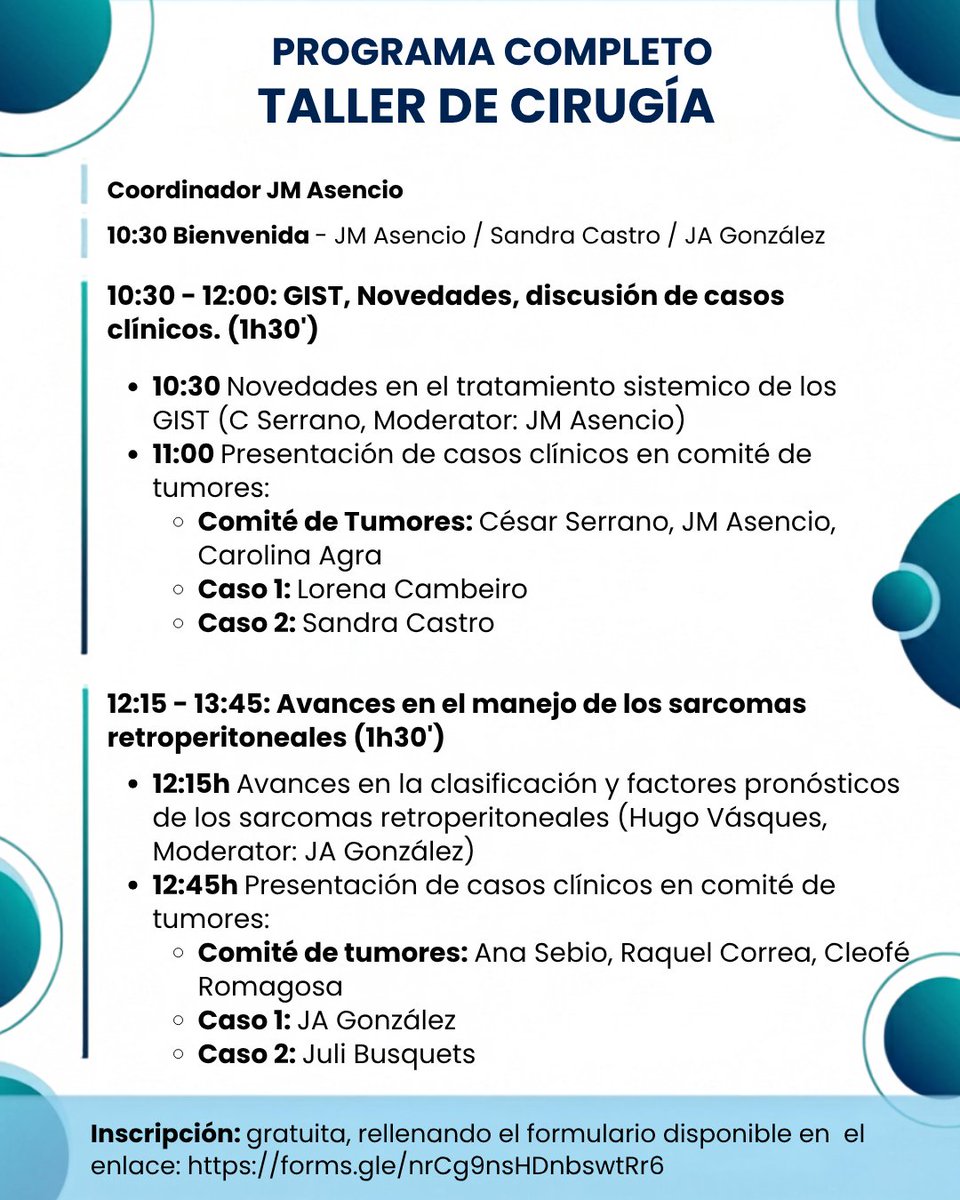 GrupoGeis's tweet photo. Taller de Cirugía GEIS | 17 de septiembre · Barcelona
Una jornada dirigida a cirujanos centrada en las novedades en GIST y los avances en el manejo de los sarcomas retroperitoneales, con presentación y discusión de casos clínicos.

🎟️Inscripción gratuita: https://t.co/pBbbgCcLAU https://t.co/nZWZ9upHwK