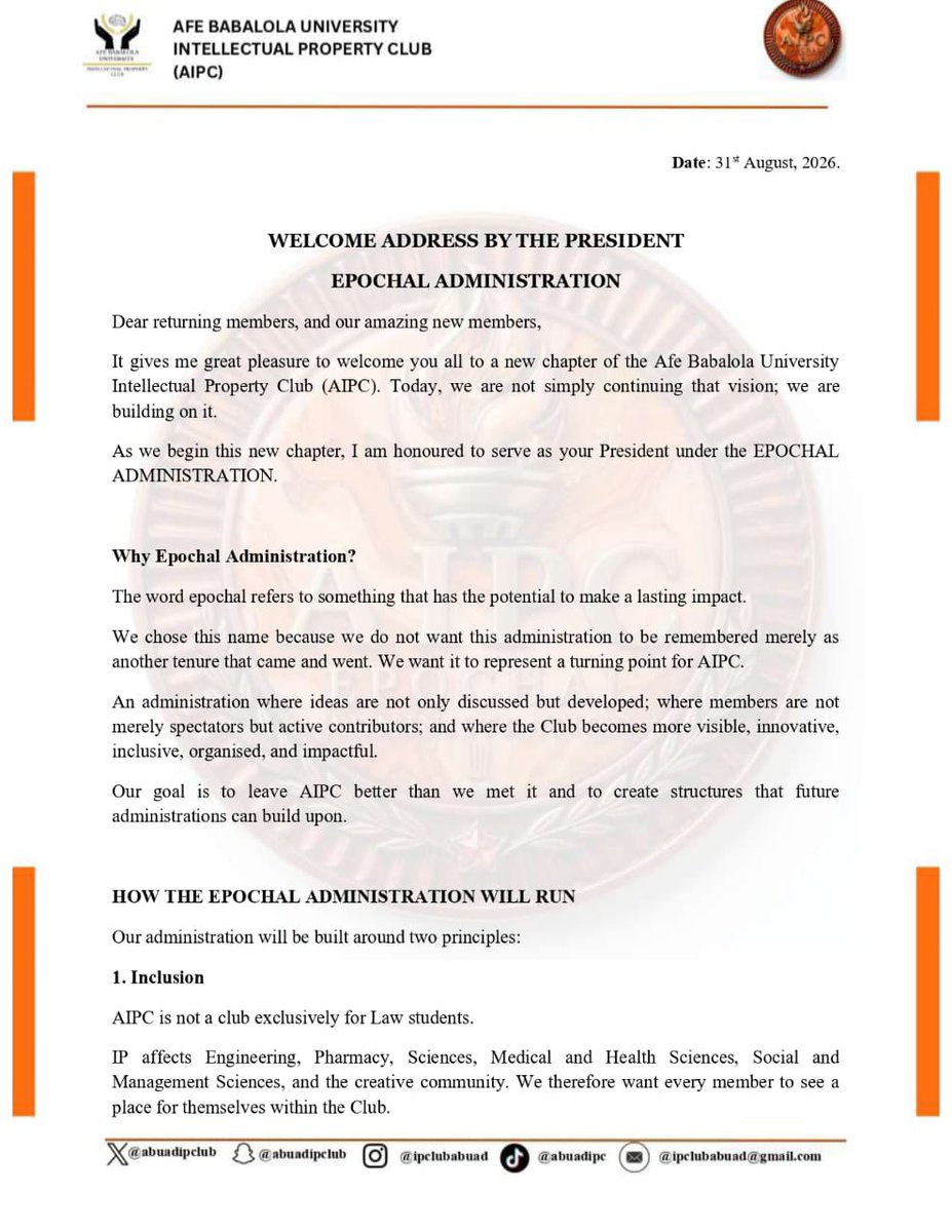 AbuadIPClub's tweet photo. NEW CHAPTER
A NEW VISION
AN EPOCHAL LEGACY🧡

Today, I officially welcome you all to a new chapter of the Afe Babalola University Intellectual Property Club (AIPC) THE EPOCHAL ADMINISTRATION https://t.co/oKcd20JeS3