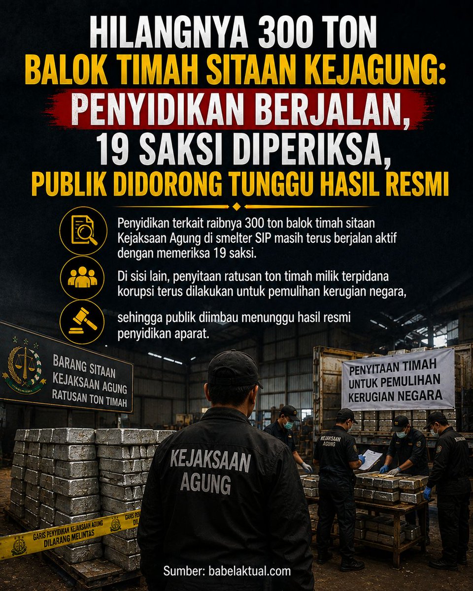 mimbardot's tweet photo. Proses penyidikan ratusan ton timah sitaan masih berjalan di Bangka Belitung. Informasi terkait PT Timah maupun pihak lain sebaiknya menunggu keterangan resmi agar tidak memicu spekulasi. #timah #bangkabelitung #BreakingNews #Fakta #Indonesia https://t.co/DI4yMzr9BW