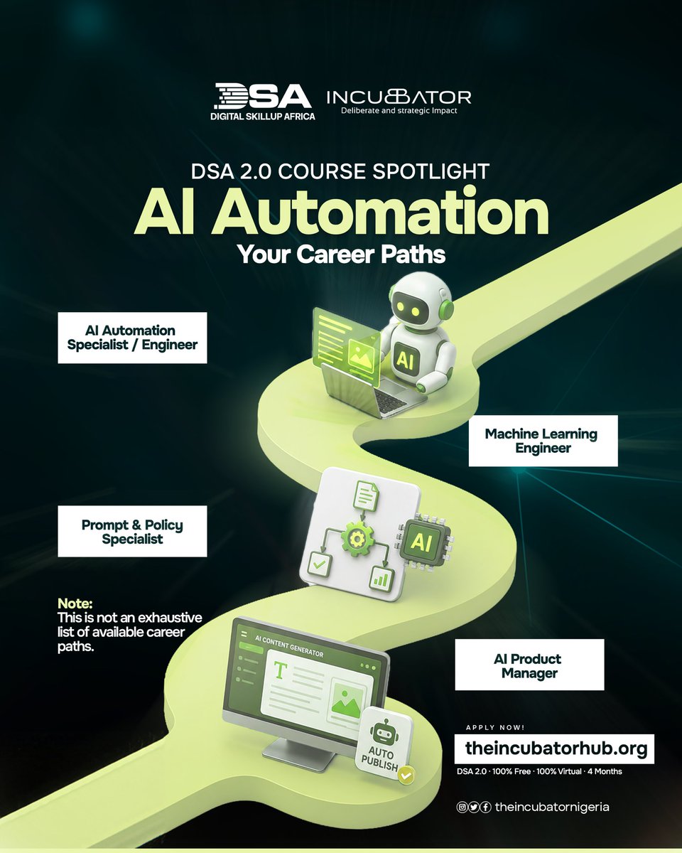 theincubator_ng's tweet photo. Build skills that open doors to tech careers 100% FREE. With DSA 2.0, you can train for high-demand roles in:

AI Automation, Generative AI and Cybersecurity &amp; Ethical Hacking.

Register now at https://t.co/oblIe3mS37 before slots close.

#DSA2 #TheIncubatorHub #FreeTechTraining https://t.co/oXkbm1clwo