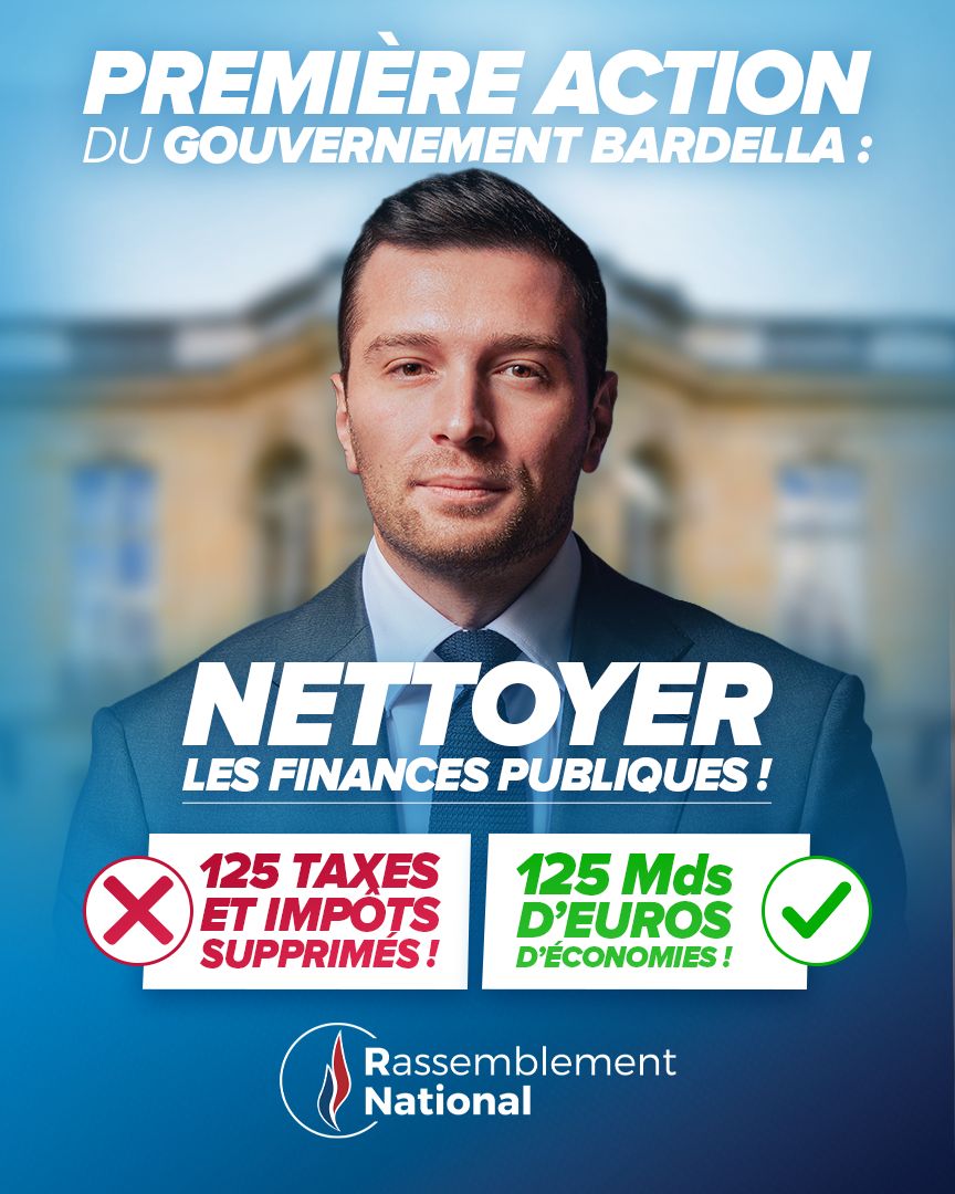 RNational_off's tweet photo. 🔴 Trop d’impôts, trop de taxes, trop de gaspillage : le gouvernement Bardella s’attaquera dès le premier jour au train de vie de l’État pour rendre enfin leur argent aux Français.

💶 125 taxes et impôts supprimés, 125 milliards d’euros d’économies : une priorité claire pour remettre de l’ordre dans les finances publiques, libérer la France du travail et redresser le pays !

🚀 Rejoignez-nous : https://t.co/1frcZRIEaG

💪🏻 Participez à la campagne : https://t.co/pmkPq8Mo0L