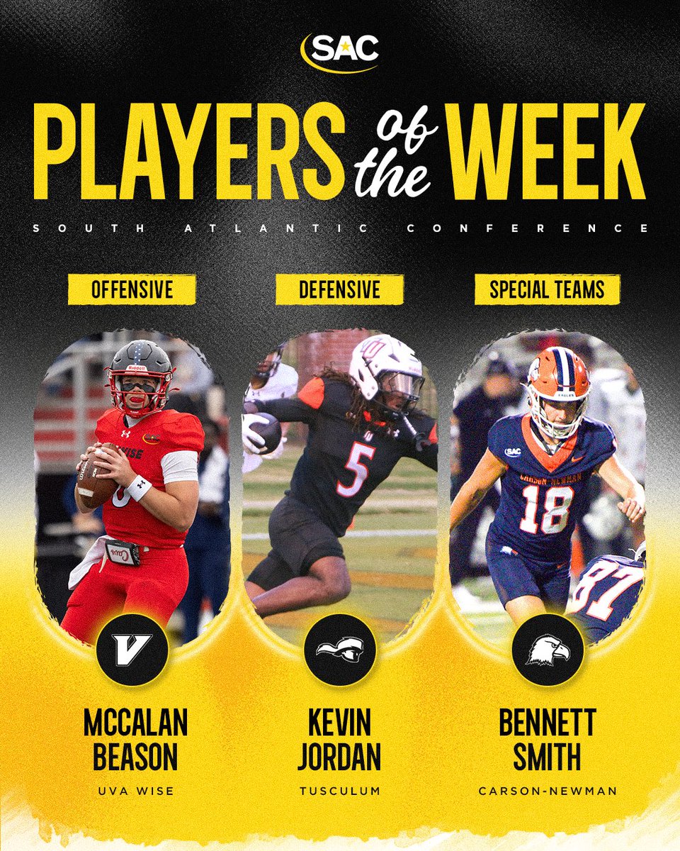 SAC_Athletics's tweet photo. 🏈 Week 1 standouts!

Congratulations to the first SAC WePlayed Football Players of the Week of the 2026 season!

⚡ Offensive – McCalan Beason, @UVAWiseCavsFB 
🛡️ Defensive – Kevin Jordan, @TusculumFB 
🦵 Special Teams – Bennett Smith, @cnfootball https://t.co/SIXqc6UIq5