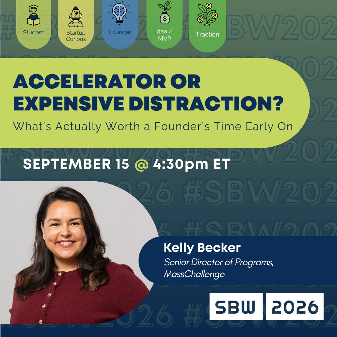 MassChallenge's tweet photo. Is an accelerator worth your time, or just an expensive distraction?

Kelly Becker joins #SBW2026 on 9/15 at 4:30 PM to dig into that question with founders and ecosystem leaders.

Save your spot: https://t.co/gUPL6w1F1X

#SBW2026 #Founders #Boston #MassChallenge https://t.co/5VKjirRfQ1