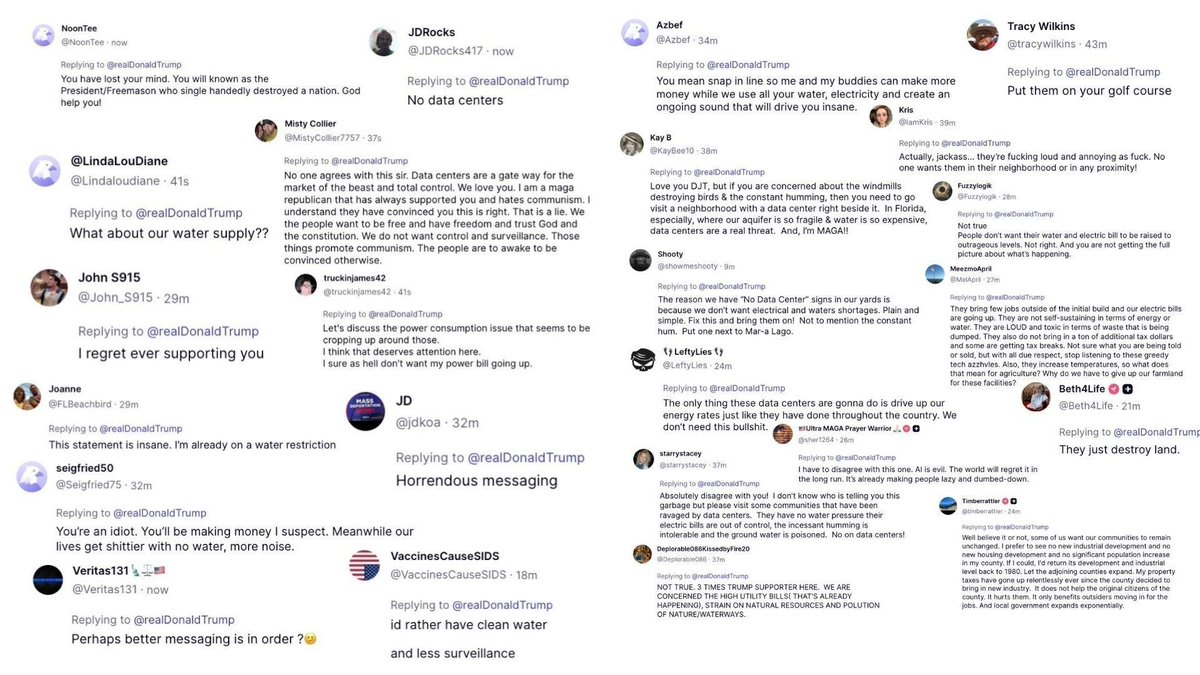 HQNewsNow's tweet photo. Trump’s followers on Truth Social are outraged at him for supporting data centers:

“I regret ever supporting you” https://t.co/FcTdLXM1pb