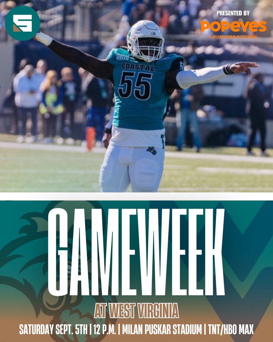 TealSyndicate's tweet photo. 🌊🏈 GAME WEEK IS HERE

@CoastalFootball opens the Ryan Beard era on the road against West Virginia in a nationally televised matchup.

📅 Sept. 5
⏰ 12:00 PM ET
📍 Milan Puskar Stadium | Morgantown, WV
📺 TNT / HBO Max

#ChantsUp

📸Credit: CCU Athletics https://t.co/z90rOQa3hz