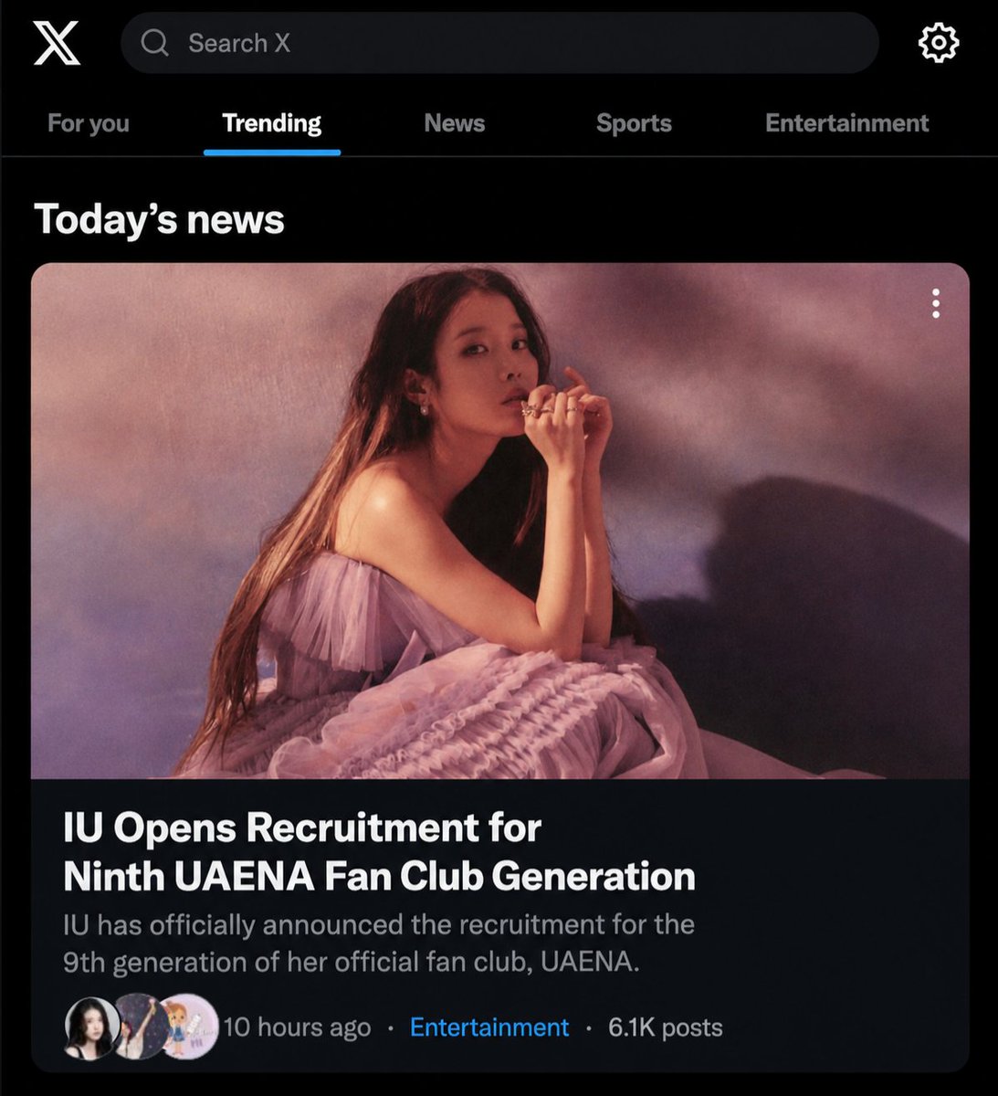 armyuaena8's tweet photo. [UPDATE]

[📈] Ahead Of #IU <UAENA> 9th Recruitment Announcement

“<UAENA> 9th Recruitment Announcement” Is Trending On X, With Both New And Longtime Uaenas Showing Their Excitement And Anticipation Ahead Of IU’s Official Fanclub Recruitment.

We're Coming again UAENAS🥹🫶🏻. https://t.co/sA4b9UKyqk