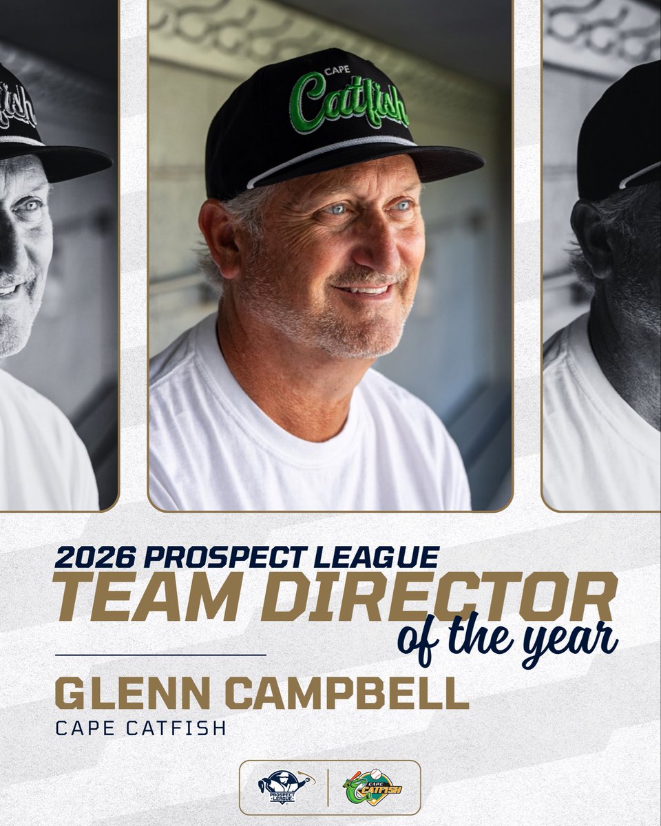 ProspectLeague's tweet photo. The Prospect League Team Director of the Year is awarded to the director who had the highest impact on the league in 2026! π
Congratulations to this yearβs recipient, Cape Catfish Director Glenn Campbell! #BaseballIsBetter
π° https://t.co/qOrIKNpECc https://t.co/zxpjqPUAvz