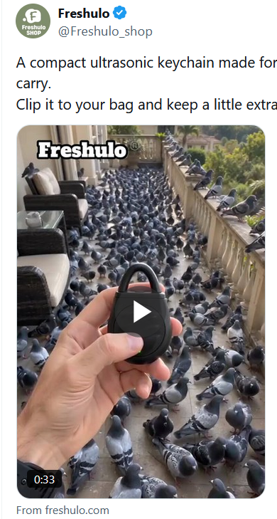 Jimmy78591's tweet photo. Three time's a charm: another of those pigeon repeller ads.
For pigeons, ultrasound starts at about 6 KHz. That would make the device extremely annoying to us humans unless it goes over 16 KHz which is inaudible to both us and pigeons.
https://t.co/xqXCoBNQLC (PDF article) https://t.co/p2VYys5Lkn