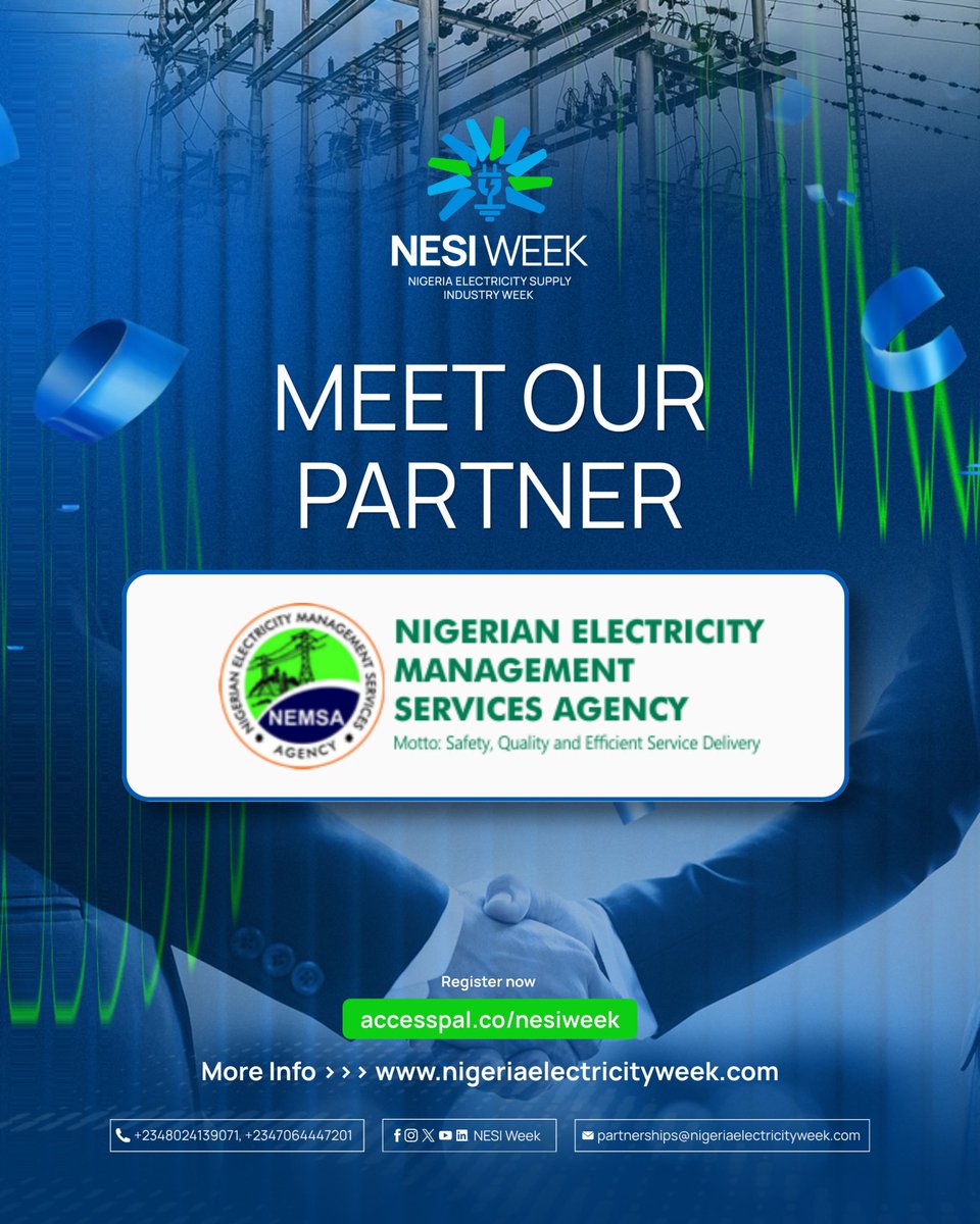 NESIWeek's tweet photo. Introducing NEMSA. ⚡️

We’re proud to welcome the Nigerian Electricity Management Services Agency (NEMSA) as an official partner of NESI Week 2026.

15–22 November | Abuja

Register: https://t.co/N0LaExfzsB

#nesiweek2026 #poweringthefuture #powersector #nigeriaelectricity https://t.co/A3nRunDvYK