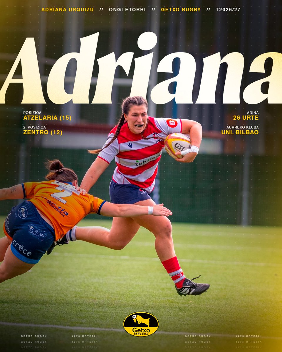 GetxoRugby's tweet photo. 🟡⚫️ Ongi etorri Adriana!

Adriana Urquizuk (26 urte) DHB mailako Universitario Bilbao Rugbytik datorren atzelaria da. Jokalari indartsua da, anka lanetan trebea eta arriskutsua erasoan.

Zorte on etapa berri honetan! 🔥💪

#BultzaGetxo #GetxoKirolak
#GetxoRugby #Getxo https://t.co/N9ScCfA0AD