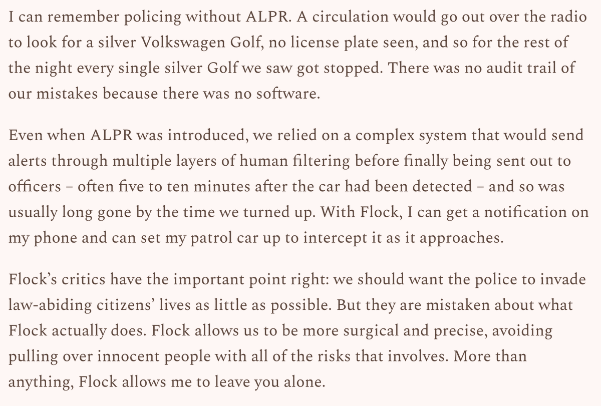 rahul's tweet photo. Really good article from a cop who has used Flock pretty extensively. This excerpt stood out to me the most.

Despite what the anecdotal hysteria suggests, tools like Flock make it less likely for officers to pull over the wrong person.

Read it here: https://t.co/wOEOGsKIzD