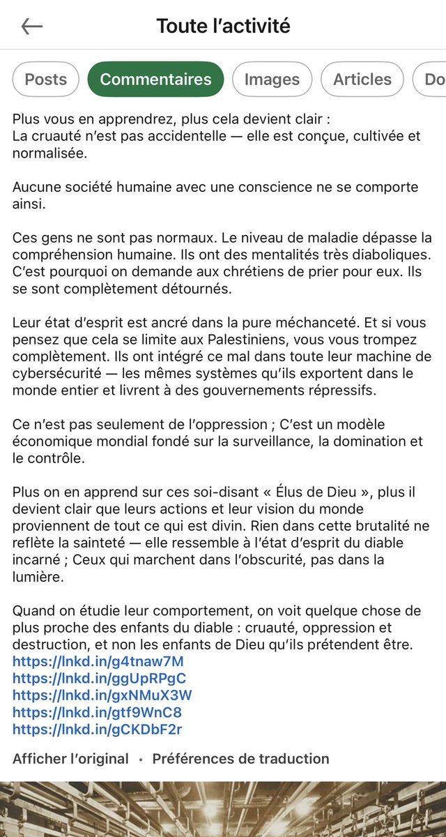SwordOfSalomon's tweet photo. 🚨🏬 SIGNALEMENT : Nicolas Olivaux, résident de Marsac (82), est un professionnel reconnu de l’immobilier commercial haut de gamme et de l’investissement immobilier à Paris. Il est également le fondateur de Draco Partners.

Sur LinkedIn, où il est suivi par près de 6 500 personnes, Nicolas Olivaux affiche une véritable obsession pour Israel. Il like, relaie et commente des centaines de publications diabolisant Israel, comparant les Israéliens aux nazis, diffusant de fausses informations ou véhiculant des contenus ouvertement antisémites et complotistes.

Sous une publication décrivant les Juifs comme des êtres aux « mentalités très diaboliques », évoquant les prétendus « Élus de Dieu » et les associant à « l’état d’esprit du diable incarné », Nicolas Olivaux commente : « CFBR ».

Cet acronyme signifie Commenting for Better Reach : commenter une publication afin d’en augmenter la visibilité. Autrement dit, il choisit délibérément d’amplifier la portée d’un contenu violemment antisémite.

Il fait de même sous une publication assimilant les Israéliens aux nazis. Il qualifie lui-même la guerre à Gaza d’« Holocauste » et relaie également une fausse vidéo générée par intelligence artificielle, mettant en scène un Juif obèse à Kippa au Congrès américain et lui attribuant de fausses déclarations susceptibles d’alimenter la haine antijuive.

Il ne s’agit donc pas d’un commentaire isolé, mais d’une accumulation de prises de position et de relais documentés, révélant une obsession particulièrement préoccupante pour Israel et les Juifs.

⚠️Le monde de l’immobilier parisien, ses partenaires et ses clients sont en droit de connaître les contenus auxquels Nicolas Olivaux choisit publiquement d’apporter son soutien et sa visibilité, afin que chacun puisse décider, en connaissance de cause, avec qui il souhaite faire affaire.

cc @AXA @allianzfrance @GENERALI @BMOfr