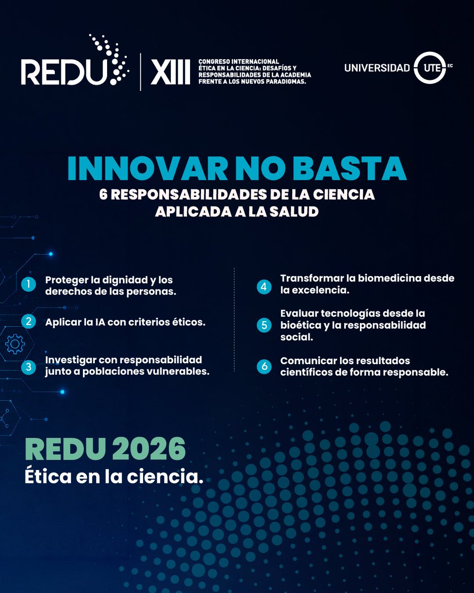 UTEoficial's tweet photo. Innovar puede abrir nuevas posibilidades para la salud, pero cada avance también plantea responsabilidades. La bioética, el uso de inteligencia artificial, la investigación con poblaciones vulnerables, la innovación biomédica y la comunicación responsable de resultados forman parte de las conversaciones que propone REDU 2026.

Porque el verdadero impacto de la ciencia no depende únicamente de hasta dónde puede llegar, sino también de cómo decide hacerlo.

¿Cuál de estos temas te gustaría explorar en el Congreso?

#REDU2026 #UniversidadUTE #Posgrados #ÉticaEnLaCiencia #Ciencia