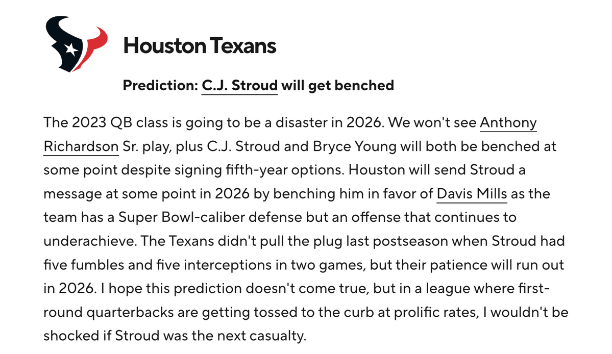 JeremyBranham's tweet photo. One bold prediction for every NFL team from CBS Sports...Stroud to get benched? https://t.co/ASSjoAFgcO