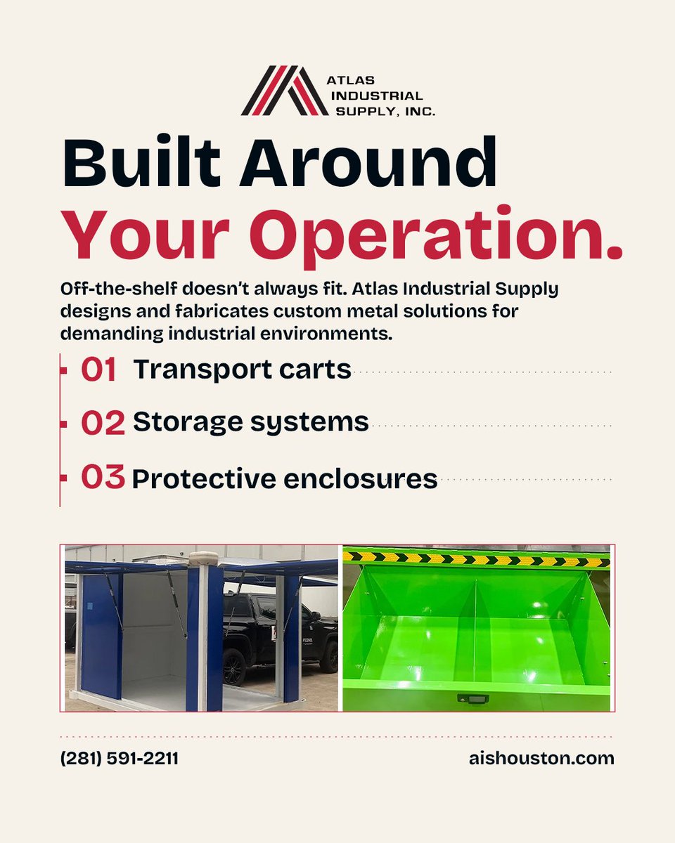 AISHOUSTON's tweet photo. 🏗️ Built Around Your Operation.
Off-the-shelf doesn’t always fit. Atlas Industrial Supply designs and fabricates custom metal solutions for demanding industrial environments.
📞 (281) 591-2211
🌐 https://t.co/1RbxpPmVEB
#MetalFabrication #CustomSolutions https://t.co/M2PH2VPHCA