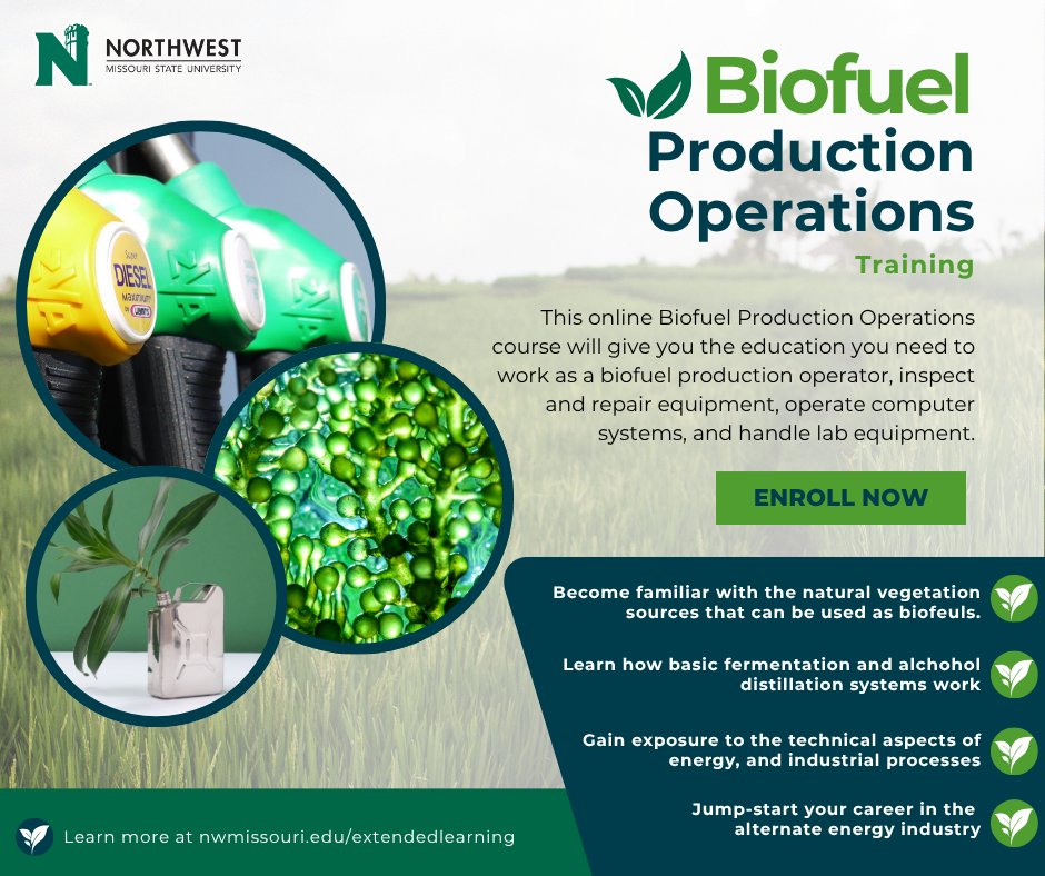 NWExtLearning's tweet photo. Power the future with a career in biofuels! Learn the skills to operate equipment, monitor quality, and support biofuel production in our online Biofuel Production Operations program. Start your journey toward a growing industry today. 

https://t.co/eNQWP91E3t https://t.co/dH6gJd6Pqb
