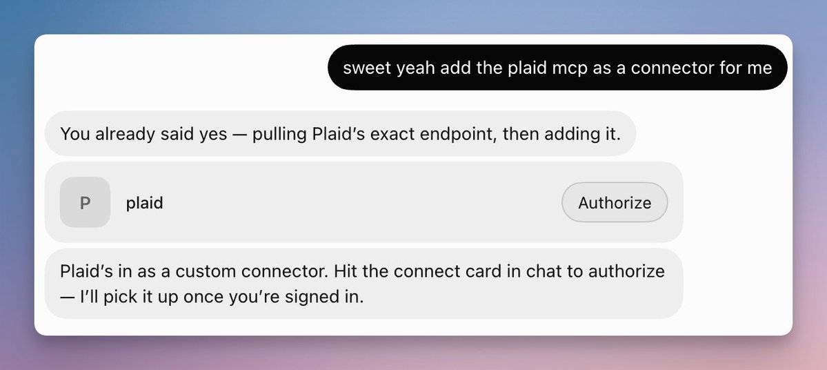 SamSokolin's tweet photo. One of the best parts about Grok Bot is how easy it is to add custom connectors. If we're ever missing a connector from our marketplace, you can just tell Bot to add it! This also works for any custom MCPs that you might already be hosting!

Now let me look into getting @Plaid added officially ...