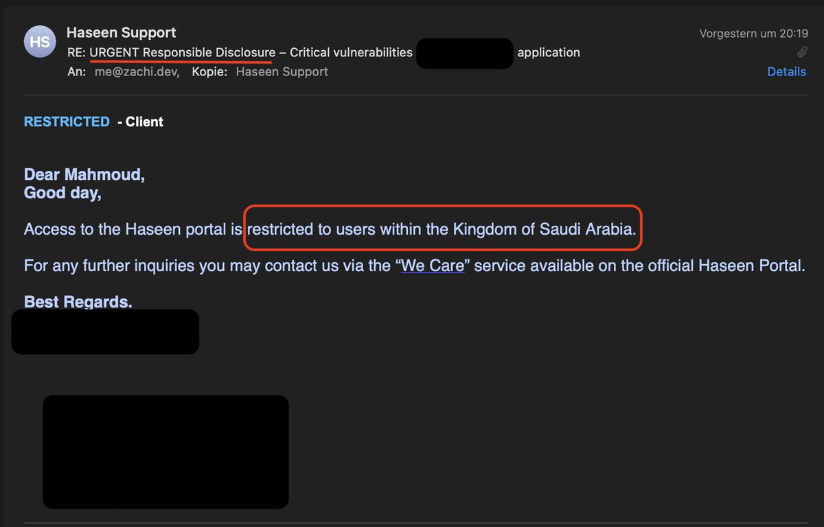 iam_zachi's tweet photo. I'm gonna crash out.

I reverse engineered an app published by the Saudi Government a few days ago and found a private bank certificate file along with client id and secret inside it.

One could completely empty the linked bank account.

When I reported the vulnerability, I was told that the portal is only for Saudis.

ok nvm