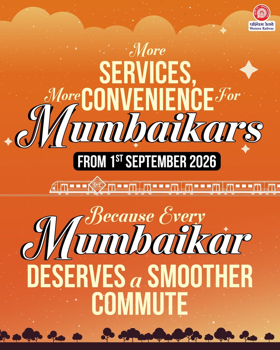 WesternRly's tweet photo. 🚆 Important Update for Mumbaikars

Western Railway is introducing new services and operational changes in suburban train services with effect from 1st September 2026.

The update includes newly introduced services, revised stoppages and cancellations.

Passengers are advised to check the updated details and plan their journey accordingly.

#WRUpdates