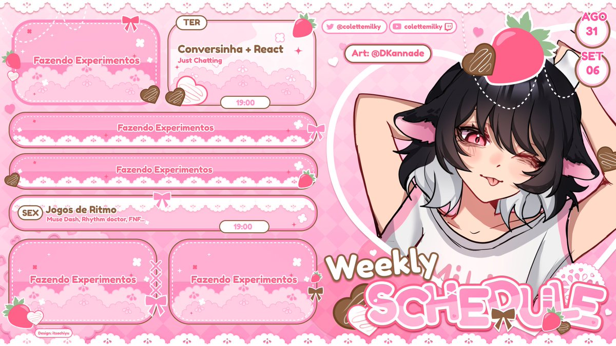 colettemilky's tweet photo. 🍓 CRONOGRAMA SEMANAL 🐮

☆ Depois de uma live de 24 horas, a vaquinha precisa descansar, então essa semana teremos menos lives! ☆ https://t.co/sCfXi1iEk9
