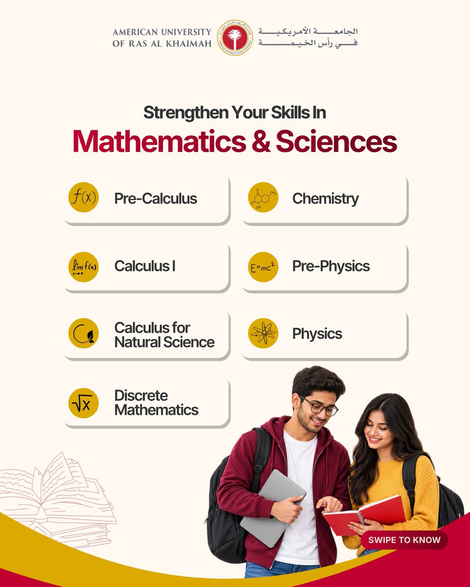 au_rak's tweet photo. START STRONG! STAY STRONG! 📚

A new academic year is here, and a strong start can make all the difference.

Join our Academic Boot Camp for focused, one-hour sessions designed to help you refresh key concepts, strengthen your skills, and build confidence for the semester ahead.

📅 1, 3, 8 & 10 September 2026
⏰ 12:00 PM – 1:00 PM
📍 AURAK Campus

Sessions cover Mathematics, Sciences, Computing, Engineering, and English subjects and are open to our new and returning students.

Click on the link below to check the schedule for your subject and classroom. 

For more information, contact the ATC Department, Admissions & Registration Building, AURAK.

Boot Camp - https://t.co/mgtLhor1PM

ابدأ بقوة! واستمر بقوة! 📚  عام أكاديمي جديد قد بدأ، والبداية القوية يمكن أن تصنع فرقًا كبيرًا.  انضموا إلى المعسكر الأكاديمي التدريبي، الذي يقدم جلسات مركزة لمدة ساعة واحدة، لمساعدتكم على مراجعة المفاهيم الأساسية، وتطوير مهاراتكم، وتعزيز ثقتكم استعدادًا للفصل الدراسي الجديد. 

 📅 1 و3 و8 و10 سبتمبر 2026 ⏰ 12:00 ظهرًا – 1:00 ظهرًا 📍 حرم الجامعة الأمريكية في رأس الخيمة  تشمل الجلسات مواد الرياضيات، والعلوم، والحوسبة، والهندسة، واللغة الإنجليزية، وهي متاحة للطلبة الجدد والحاليين.  اضغطوا على الرابط أدناه للاطلاع على جدول مادتكم والقاعات الدراسية.  

لمزيد من المعلومات، يرجى التواصل مع قسم ATC في مبنى القبول والتسجيل، الجامعة الأمريكية في رأس الخيمة.

  Boot Camp - https://t.co/mgtLhor1PM  #AURAK #StartStrongStayStrong #AcademicSuccess #AURAKStudents