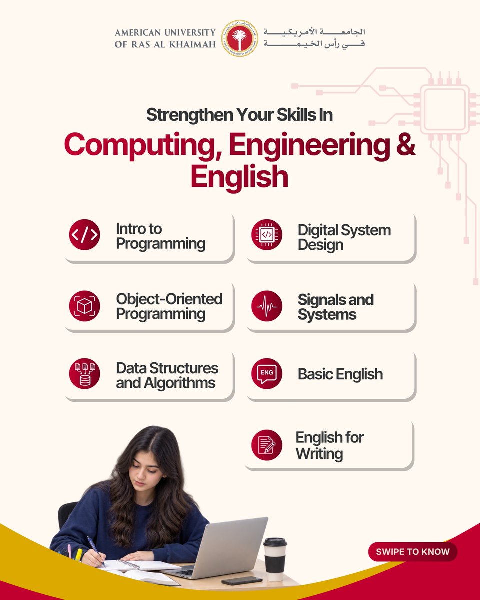 au_rak's tweet photo. START STRONG! STAY STRONG! 📚

A new academic year is here, and a strong start can make all the difference.

Join our Academic Boot Camp for focused, one-hour sessions designed to help you refresh key concepts, strengthen your skills, and build confidence for the semester ahead.

📅 1, 3, 8 & 10 September 2026
⏰ 12:00 PM – 1:00 PM
📍 AURAK Campus

Sessions cover Mathematics, Sciences, Computing, Engineering, and English subjects and are open to our new and returning students.

Click on the link below to check the schedule for your subject and classroom. 

For more information, contact the ATC Department, Admissions & Registration Building, AURAK.

Boot Camp - https://t.co/mgtLhor1PM

ابدأ بقوة! واستمر بقوة! 📚  عام أكاديمي جديد قد بدأ، والبداية القوية يمكن أن تصنع فرقًا كبيرًا.  انضموا إلى المعسكر الأكاديمي التدريبي، الذي يقدم جلسات مركزة لمدة ساعة واحدة، لمساعدتكم على مراجعة المفاهيم الأساسية، وتطوير مهاراتكم، وتعزيز ثقتكم استعدادًا للفصل الدراسي الجديد. 

 📅 1 و3 و8 و10 سبتمبر 2026 ⏰ 12:00 ظهرًا – 1:00 ظهرًا 📍 حرم الجامعة الأمريكية في رأس الخيمة  تشمل الجلسات مواد الرياضيات، والعلوم، والحوسبة، والهندسة، واللغة الإنجليزية، وهي متاحة للطلبة الجدد والحاليين.  اضغطوا على الرابط أدناه للاطلاع على جدول مادتكم والقاعات الدراسية.  

لمزيد من المعلومات، يرجى التواصل مع قسم ATC في مبنى القبول والتسجيل، الجامعة الأمريكية في رأس الخيمة.

  Boot Camp - https://t.co/mgtLhor1PM  #AURAK #StartStrongStayStrong #AcademicSuccess #AURAKStudents