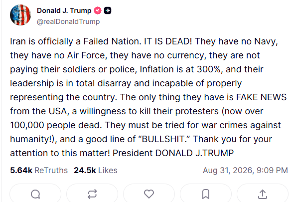 KS_1013's tweet photo. トランプ大統領、イランは「死んだ国だ」と言い、とりあえず悪口を言いまくっているが、国内の反体制派10万人を殺害したことを「人類に対する戦争犯罪として裁かれるべきだ」と主張。その場はICCなんだが、そのICCを潰したらイランの指導部を裁けないんだが…。 https://t.co/a77ZvM19uk