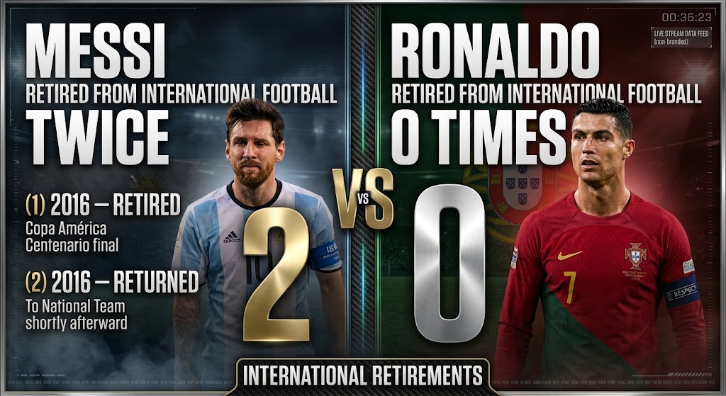 TimelineCR7's tweet photo. 🚨🚨🚨 INTERNATIONAL RETIREMENTS:

LIONEL MESSI: 2.

CRISTIANO RONALDO: 0. https://t.co/7IKgDRMkAK