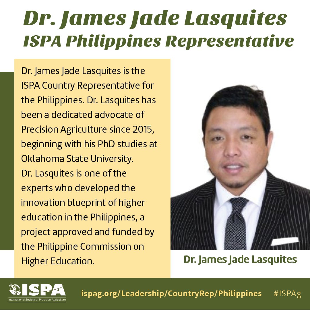 IntSoPA's tweet photo. Dr. James Jade Lasquites is the ISPA Country Representative for the Philippines. Dr Lasquites is one of the experts to develop the innovation blueprint of higher education in the Philippines.
To learn more about and Country Reps, please visit:
https://t.co/yLZliPJSzQ
#ISPAg https://t.co/7Le0ZgkZjQ