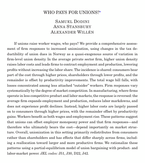 annastansbury's tweet photo. *When unions increase wages, who pays?*

It's normally v hard to answer this Q: unions don't behave randomly, they respond to firm conditions, and detailed firm data is hard to get.

Our setting in Norway tackles both...

🧵on our paper (@microsamonomics &amp; @ALPWillen) https://t.co/h0BasVHyCV