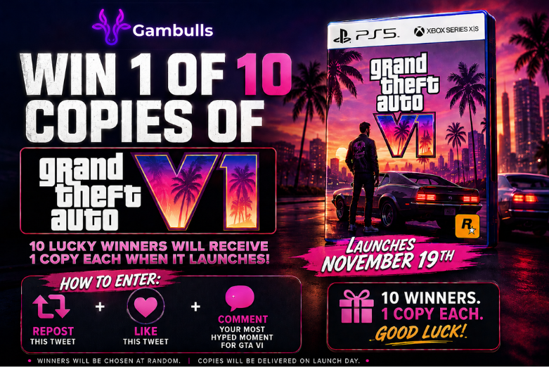 gambullscasino's tweet photo. We are giving away 10x copies of GTA VI 🎁

✅ Follow @gambullscasino 
✅ Repost &amp; Like
✅ Comment

Winners chosen on day of launch, good luck! https://t.co/TgylIuWMKp