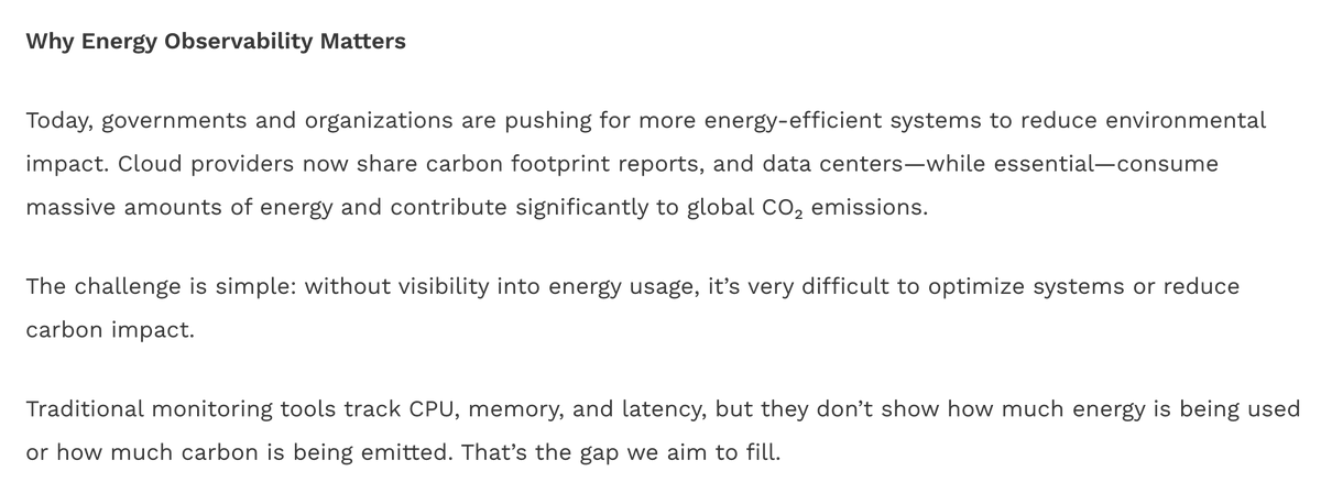 Project_Sylva's tweet photo. Traditional monitoring tracks CPU, memory and latency but not energy use or carbon emissions.
Sylva’s WG04 Sustainability Project is using Kepler &amp; the Green Dashboard to bring energy observability to Kubernetes &amp; support more sustainable infrastructure. https://t.co/u4ueQMQlx3 https://t.co/MN8JuojVZA