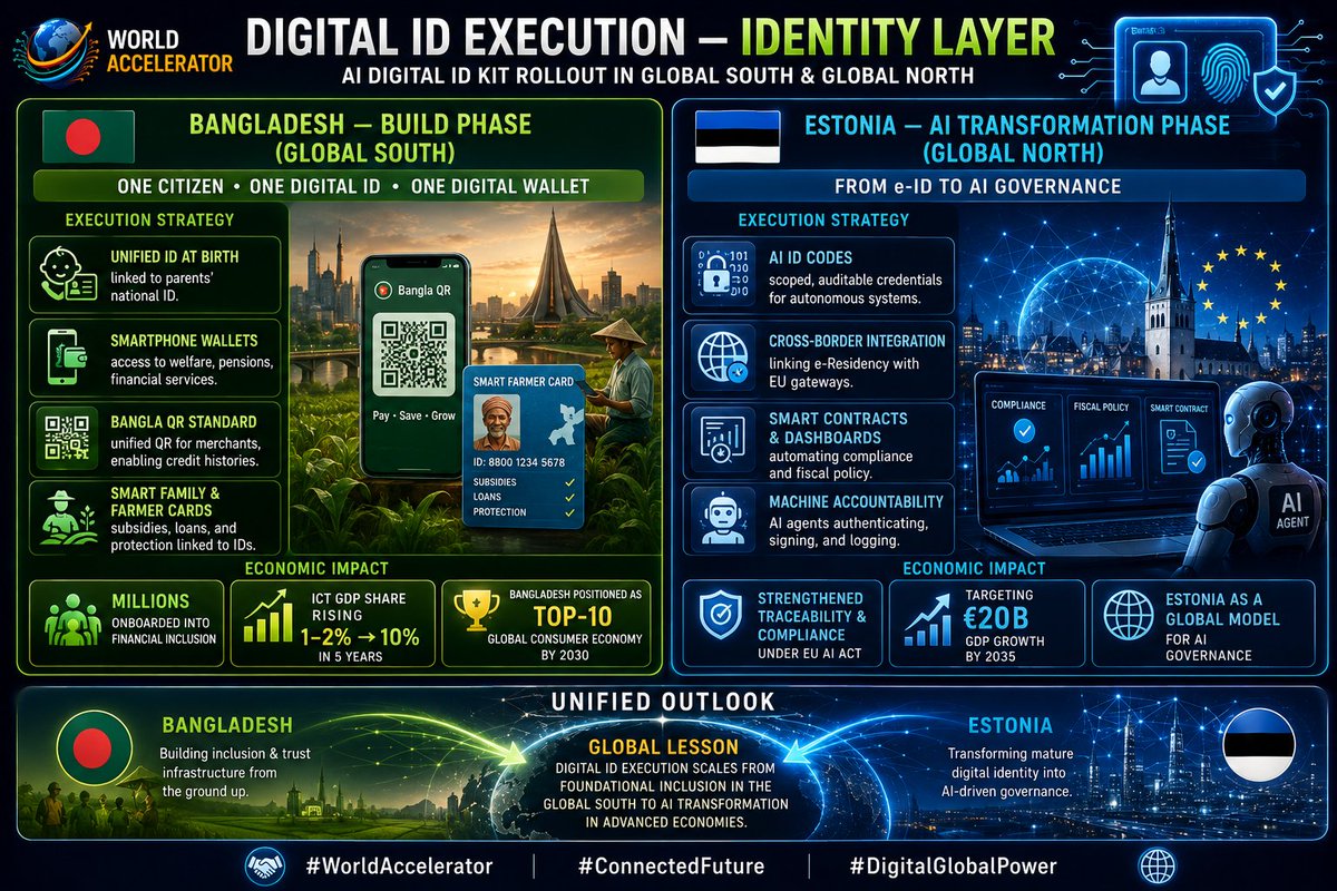 AnubhavSachar's tweet photo. 🌍 Digital ID Execution — Powered by the #3iPlatform
Identity • Inclusion • Intelligence — The Foundation of the Digital Earth Suite
The @_World_Accel delivers a Ready‑Made AI Digital ID Kit that enables nations to leap from foundational identity systems to intelligent governance.
https://t.co/1oMhnvYhKj
Execution strategies differ across contexts — with Bangladesh in the Build Phase and Estonia in the AI Transformation Phase — together proving how digital identity reshapes economies at every stage of development.
🇧🇩 #Bangladesh — Build Phase ( #GlobalSouth)
Bangladesh is rolling out its “One Citizen, One Digital ID, One Digital Wallet” initiative, supported by the @WorldBankGroup D‑STAR program.
Execution Strategy:
.Unified Digital ID at Birth linked to parents’ national ID.
.Smartphone Wallets for welfare, pensions, and financial services.
.Bangla QR Standard for merchants, reducing costs and enabling credit histories.
.Smart Family & Farmer Cards connecting subsidies, loans, and social protection.
Economic Impact:
.Expands financial inclusion for millions of small merchants and farmers.
.Builds trust infrastructure for payments and governance.
.ICT’s GDP contribution projected to rise from 1–2% to 10% within five years.
.Positions Bangladesh as a top‑10 global consumer economy by 2030.
@TrahmanBnp @BDMOFA
🇪🇪 #Estonia — AI Transformation Phase (#GlobalNorth)
Estonia, with 99% e‑ID adoption and 800M+ digital signatures processed, is extending digital identity into AI governance.
Execution Strategy:
.AI ID Codes — scoped, auditable credentials for autonomous systems.
.Cross‑Border Integration with EU digital gateways and AI IDs.
.Smart Contracts & Predictive Dashboards automating compliance and fiscal policy.
.Machine Accountability — AI agents authenticating, signing, and generating legal logs.
Economic Impact:
.Strengthens traceability and compliance under the #EUAIAct.
.Supports Estonia’s target of €20B GDP growth by 2035 through systematic AI deployment.
.Enhances global competitiveness, positioning Estonia as a model for AI governance.
@KristenMichalPM @SuttAndres @MFAestonia @startupestonia
🌐 Unified Outlook
Bangladesh: Building inclusion and trust infrastructure from the ground up.
Estonia: Transforming mature digital identity into AI‑driven governance and interoperability.
Global Lesson: Digital ID execution is not one‑size‑fits‑all — it scales from foundational inclusion in the Global South to AI transformation in advanced economies.
@WorldBankGroup @WBG_Digital @UNDP @EUCouncil
📲 #WorldAccelerator #ConnectedFuture #DigitalGlobalPower