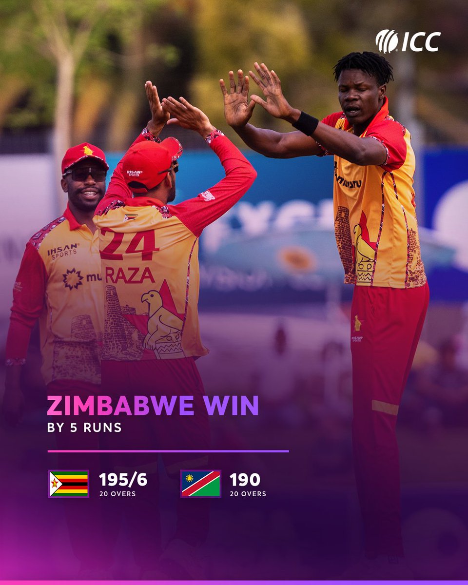 ICC's tweet photo. Zimbabwe hold their nerve to fend off Namibia’s spirited fightback and claim their first win of the tri-series 💪

Watch the action LIVE on https://t.co/MHHfZPzf4H (in select regions) 📺

📝: https://t.co/XSljChAP6v https://t.co/BDghUxTRri