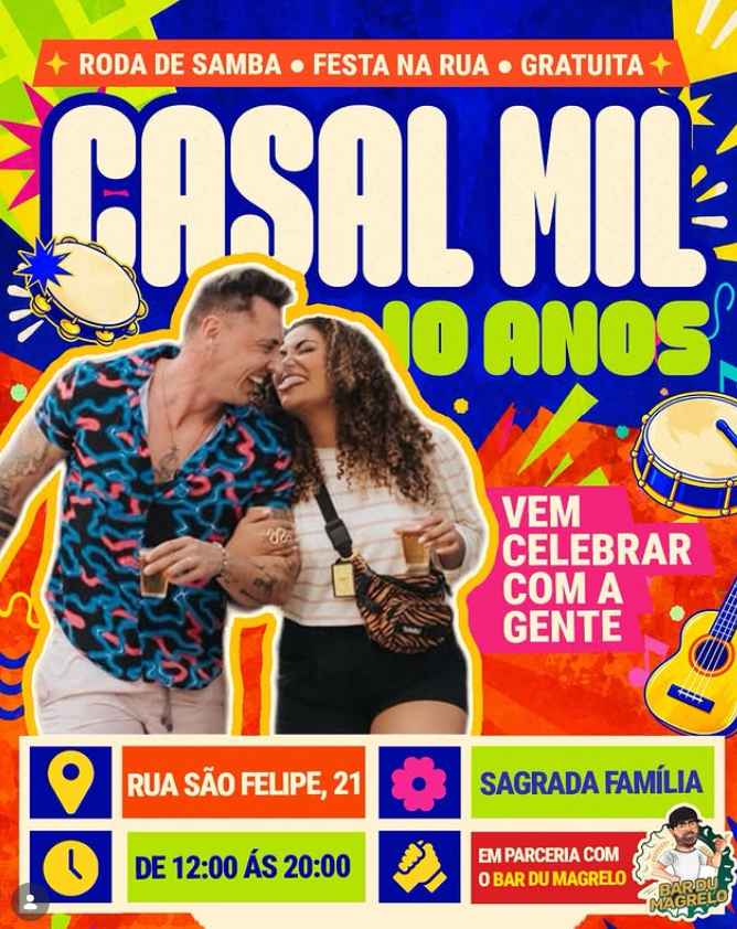 PulaBH's tweet photo. O Casal Mil celebra 10 anos com roda de samba e festa gratuita na rua, no feriado de 7/9, no Bar du Magrelo, no Sagrada Família.

📅 7 de setembro - feriadão
⏰ 12h às 20h
📍 Rua São Felipe, 21, Sagrada Família
🎟️ Entrada gratuita https://t.co/bc5yY6Y0X6